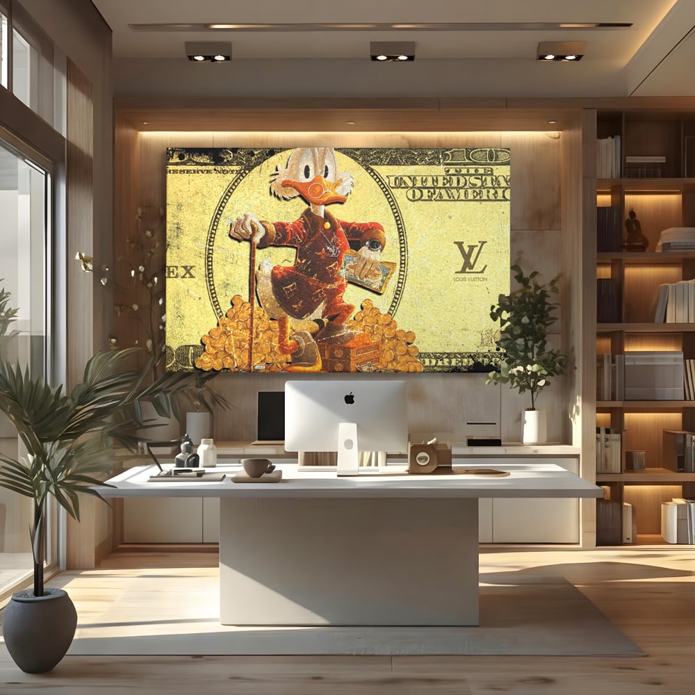 Tablou canvas cu tablou canvas cu personaj disney si bani, fara rama, pe sasiu de lemn, pe perete intr-un birou